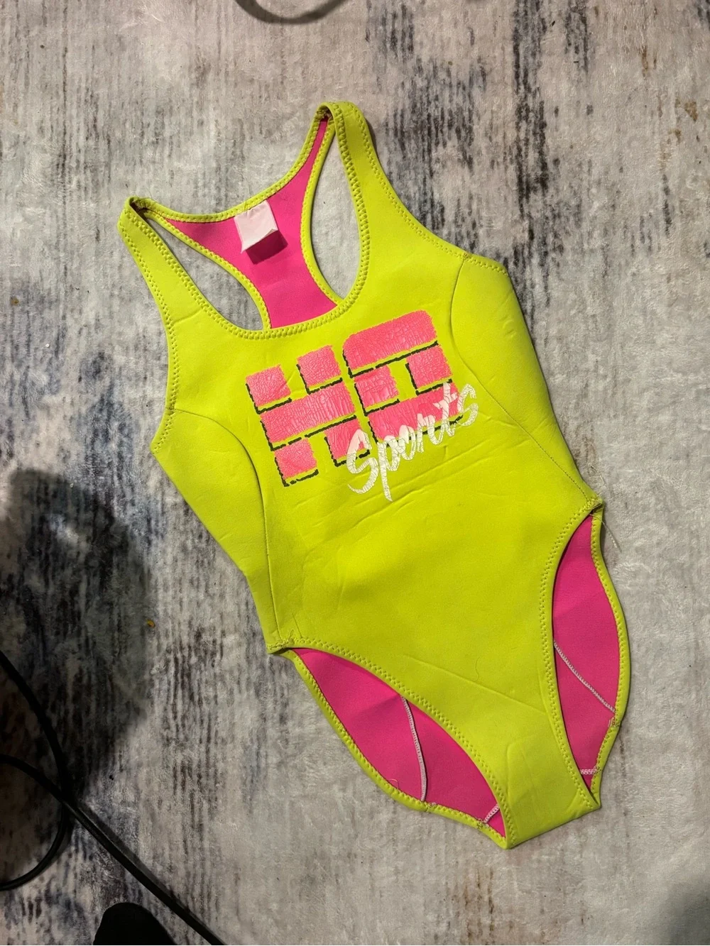 80s VINTAGE (bought dead stock) Neoprene Neon Green & Pink One-Piece Swimsuit